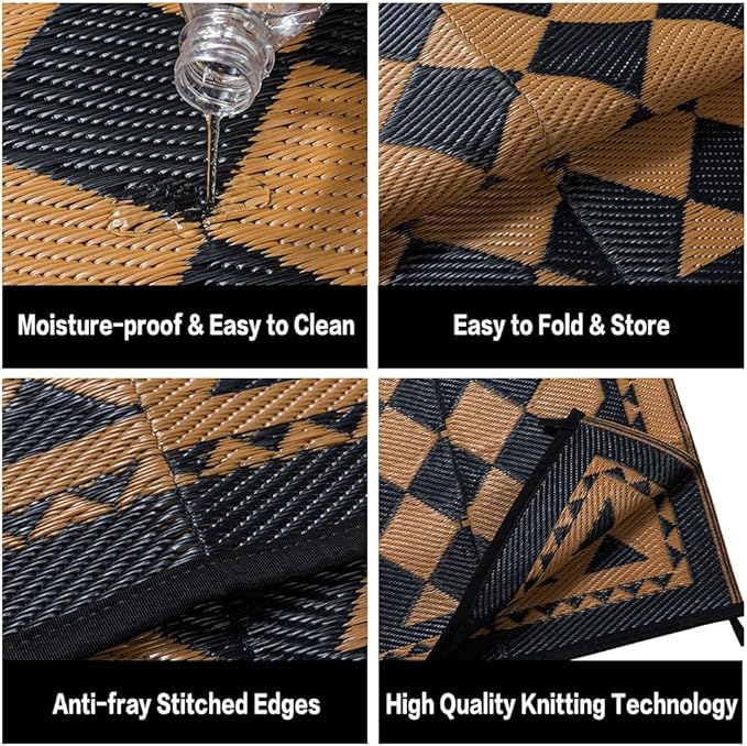 HUGEAR Outdoor Waterproof Rug 6'x9' Plastic Straw Rugs Washable Reversible Floor Mat Brown Plaid Carpet for Camping RV Deck Entryance Porch Picnic Balcony Beach Backyard