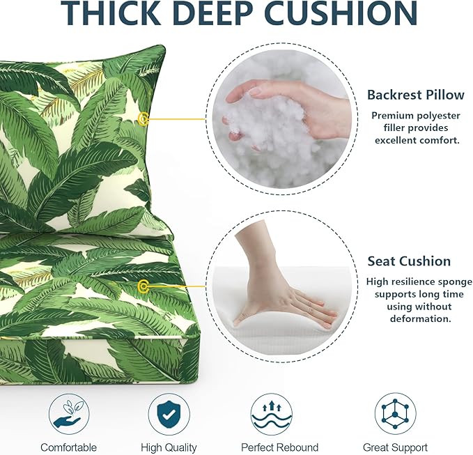 Outdoor Deep Seat Cushion Set, Water Repellent 22"x22" Patio Thick Cushions Replacement with Seat & Back Pillow for Patio Sofa, Wicker Chair, Couch - Swaying Palms Green