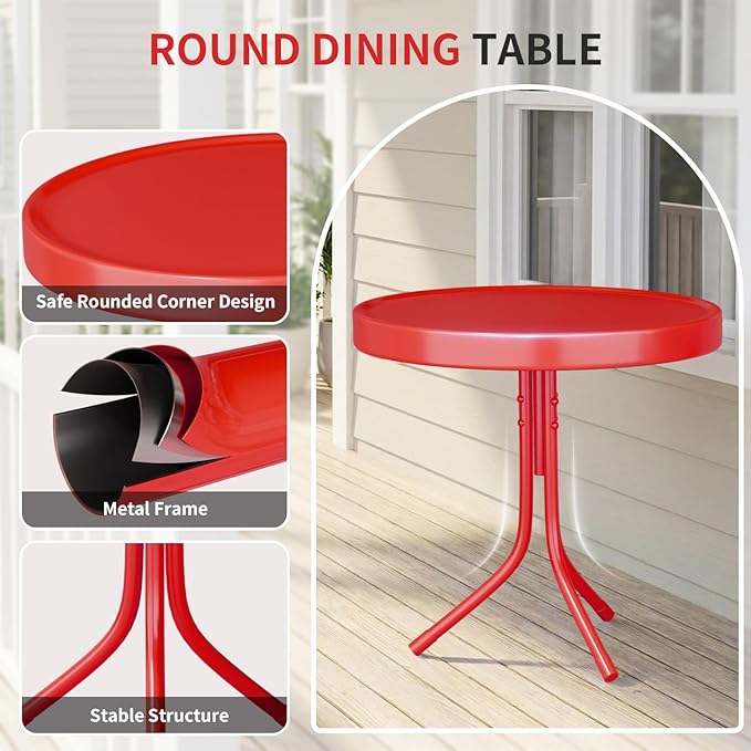 3 Piece Bistro Set, Anti-Rust Table and Chairs Set of 2, Waterproof Retro Metal Chairs for Outdoor Indoor/Porch/Lawn/Balcony（Red）