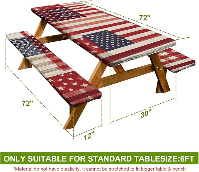 Picnic Table Cover with Bench Covers Set of 3 - Red White Blue Buffalo Plaid Flag Pattern, Elastic Fitted Tablecloth for 6 Ft Tables, Washable Polyester Cover for Camping, Indoor & Outdoor
