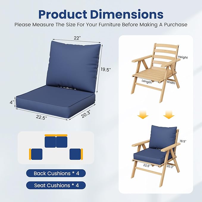 UDPATIO Outdoor Cushions for Patio Furniture, 4'' Replacement Cushions for Outdoor Furniture, 4 Seat Water-Resistant Outdoor Sectional for Sofa Couch Chair(Navy)