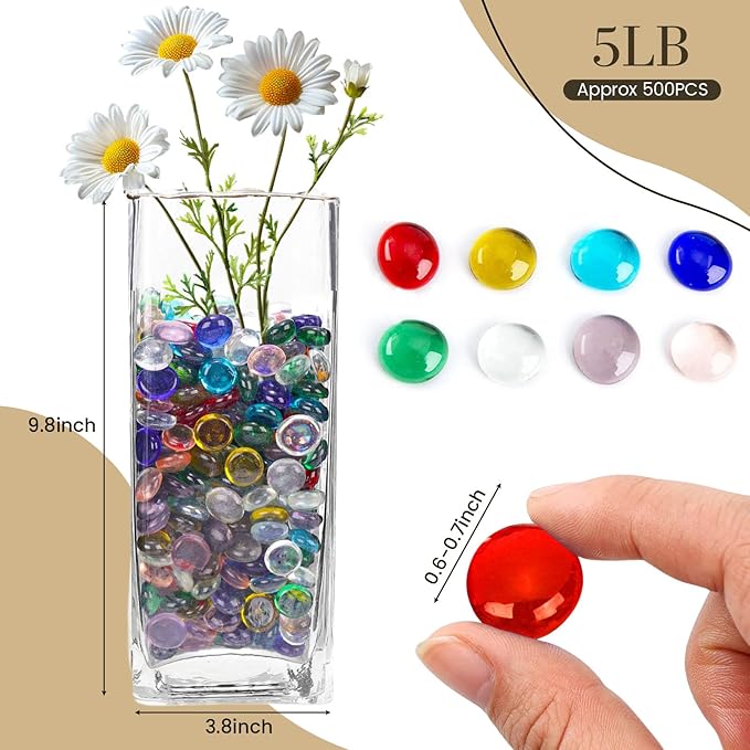 FUTUREPLUSX 5 Lb Flat Glass Beads, 500 PCS Assorted Colors Flat Gems for Aquarium Pebbles Vase Filler DIY Craft Table Scatter Decor