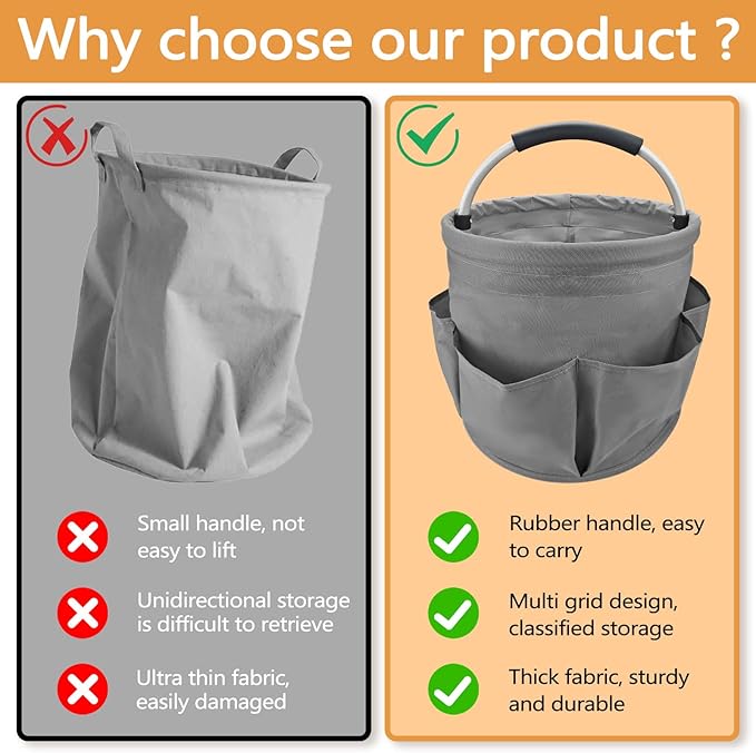 Deep Gray 17 L Picnic Garden Tool Bag with 6 Pockets, Foldable Bucket Organizer for Storage Camping Home Cleaning Products, Portable Garden Caddy Tote with Handle Harvest Basket (Deep Gray)