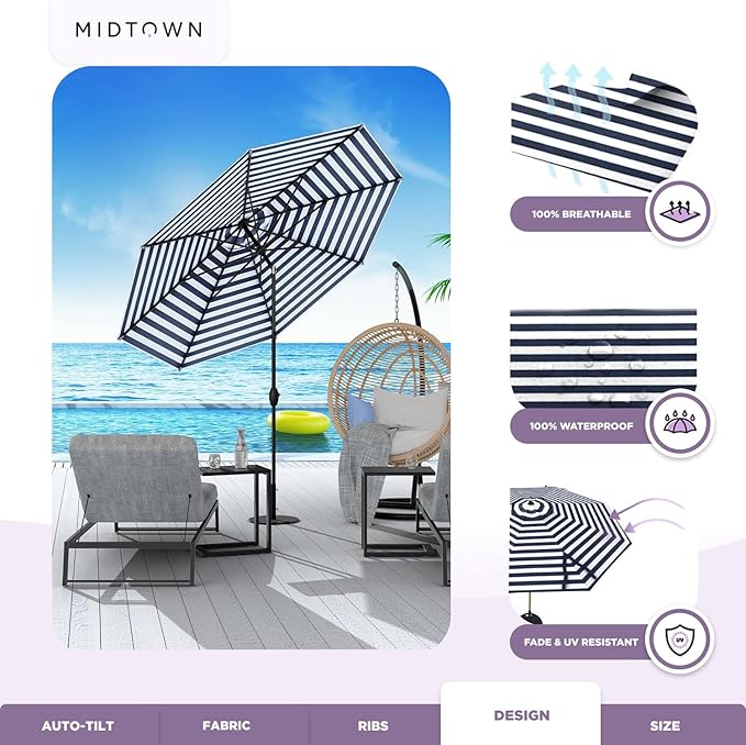 Midtown Umbrellas - 10-Year-No-Fade 10 Ft Patio Umbrella with Terylast Fabric, Auto-Tilt Aluminum Frame and 8 Reinforced Ribs for Deck, Pool, Garden & Beach - Navy Stripes Canopy, Black Pole