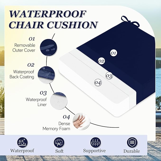 Waterproof Outdoor Chair Cushions Set of 2, Square Outdoor Seat Cushions with Ties and Removable Covers, 19 x 19 Outdoor Cushions for Patio Furniture with Portable Handle(Navy)
