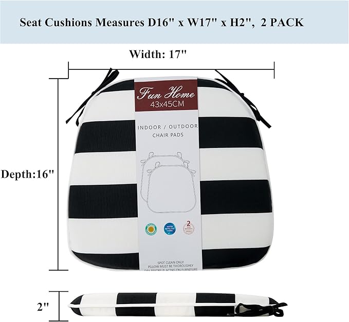 FUNHOME 17"x16"x2" Outdoor Chair Cushions Set of 2, Water Resistant Patio Chair Pads with Ties, Seat Cushions for Home Garden Furniture Decoration-Black White Stripe