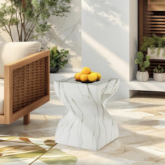 14.37" Cement End Tables for Patio,Faux Terrazzo Modern Small Squre Side Accent Table,Tree Stump Garden Stool Drum Indoor and Outdoor,Marble
