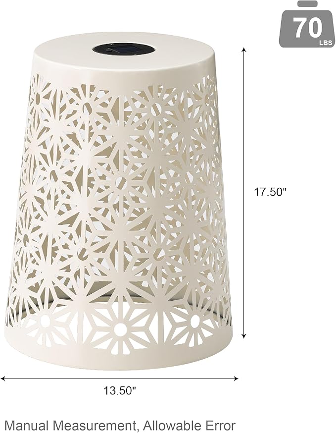 Glitzhome Ourdoor Side Table Set of 2,Solar Iron Cutout Geometric Pattern Decorative Garden Stool Planter Stand,Accent Table or Lantern for Patio Poolside Party Yard,White
