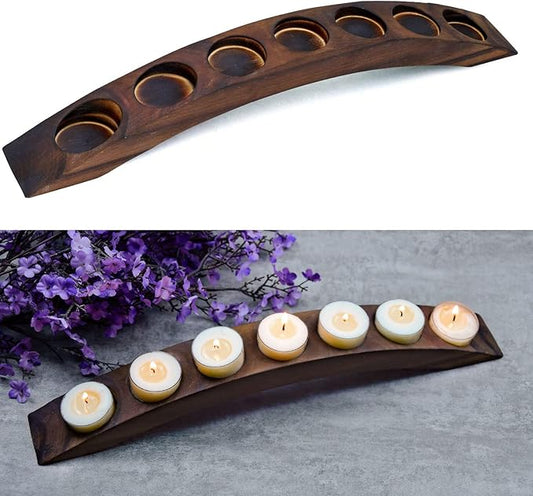 Long Wooden Bridge Tealight Candle Holder, 7 Holes - Candle Centerpieces for Tables - Rustic Wooden Color