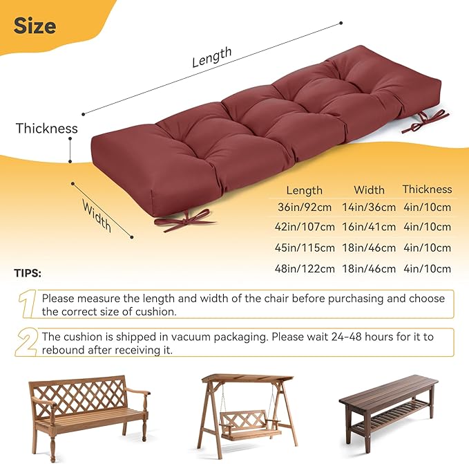 ROFIELTY Outdoor Bench Cushion, Waterproof/Sun-Proof Fabric, Tufted Bench Cushion with 2 Ties, Suitable for Outdoor Garden Bench/Swing/Indoor Furniture (Burgundy, 45×18×4)