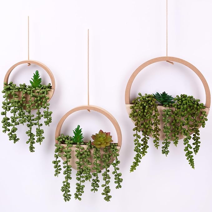 Honeydak 3 Pack Artificial Succulents Hanging Plants Fake Plants Set Wall String of Pearls Succulent Planter in Pot with Lanyard for Balcony Living Room Home Indoor Outdoor Wall Decor(Wood Color)