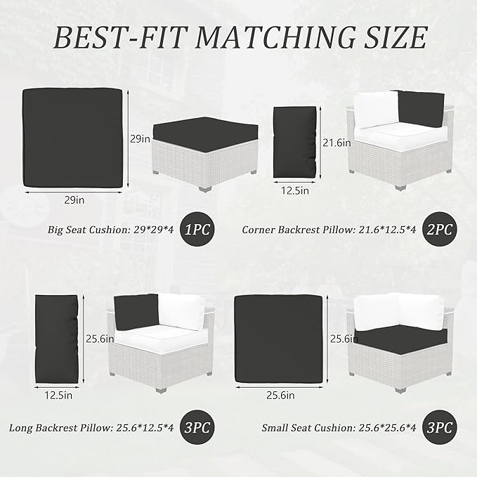 Outdoor Cushions for Patio Furniture with 5 Pillows, Waterproof Patio Furniture Cushions Replacement, 4" Deep Seat Outdoor Sectional Cushions for 4-seat Patio Furniture Chair Sofa Couch,Black