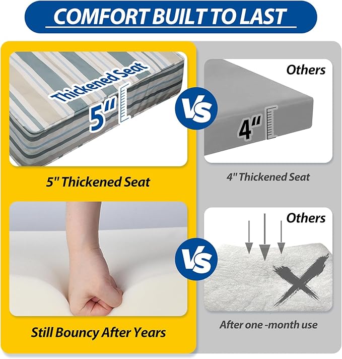 AAAAAcessories Outdoor Seat Cushions for Chairs, Fade-Resistant, Waterproof Patio Furniture Replacement Cushions, 23.5" x 25.5" x 5" + 23.5" x 19", Set of 4, Slate Gray Blue Coastal Stripe