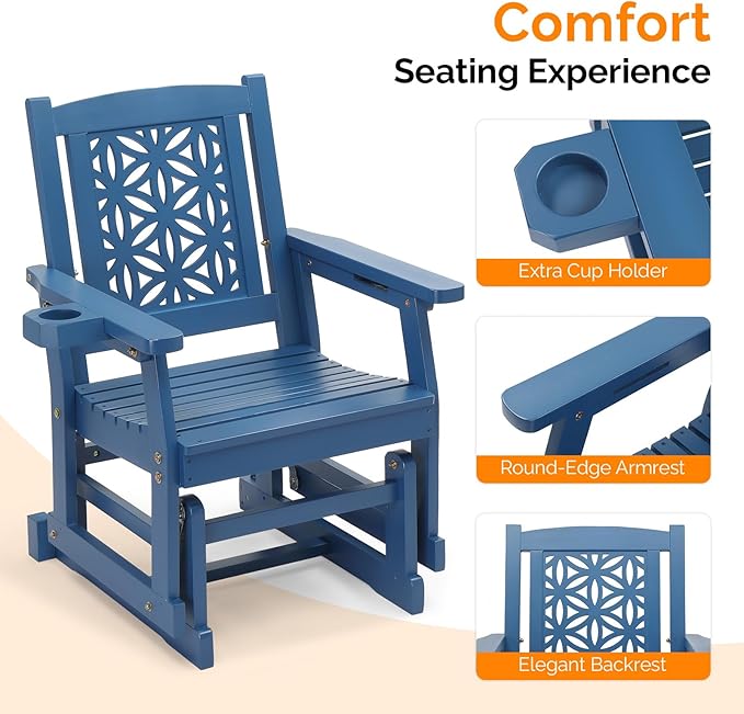 VINGLI Fir Wood Outdoor Glider with Floral Backrest, Wooden Patio Gliding Bench with Cup Holders, Smooth Rocking Chair for Garden, Yard & Porch (Blue, 2.3 FT)