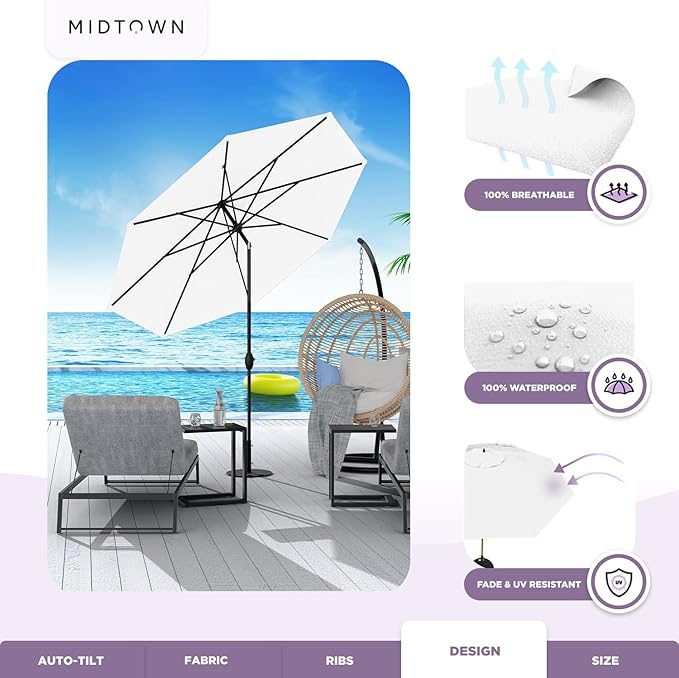 Midtown Umbrellas - 10-Year-No-Fade 8 Ft Patio Umbrella with Terylast Fabric, Auto-Tilt Aluminum Frame and 8 Reinforced Ribs for Deck, Pool, Garden & Beach - Ivory White Canopy, Black Pole