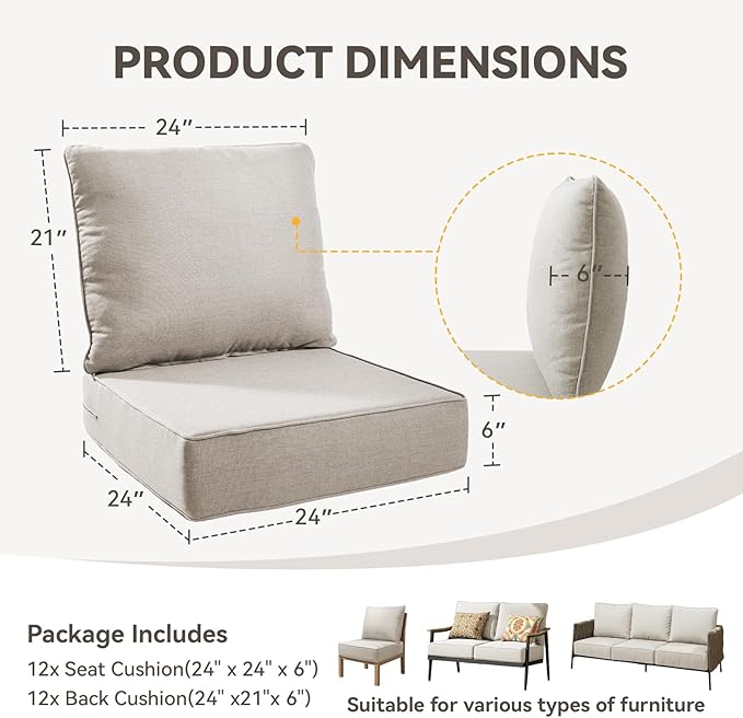 Outdoor Cushion Set for Furniture Patio Furniture, UV Resistant, Water Resistant - 6 Inch Thick Foam Garden Cushions– 24x24 Inch Patio Seat Covers for Chair/Sofa/Couch | Beige | 12-Pack |