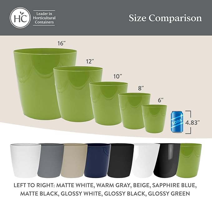 The HC Companies Aria Round Self-Watering Pot - Lightweight Plastic Planter for Herbs & More - Durable Plant Pots for Indoor Plants & Outdoor Plants (8" Glossy Avocado, Pack of 1)
