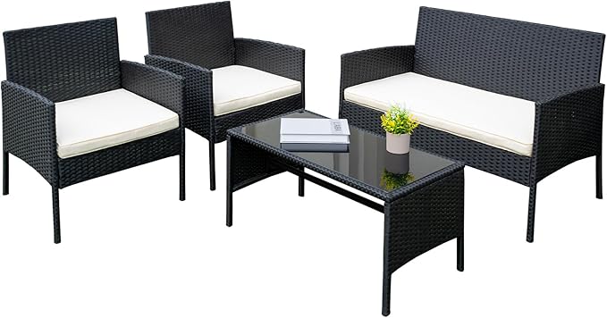 PROHIKER 4 Piece Outdoor Wicker Patio Conversation Furniture Set, Rattan Chair Wicker Sofa Garden Conversation Sets with Cushion and Glass Table for Yard Pool or Backyard