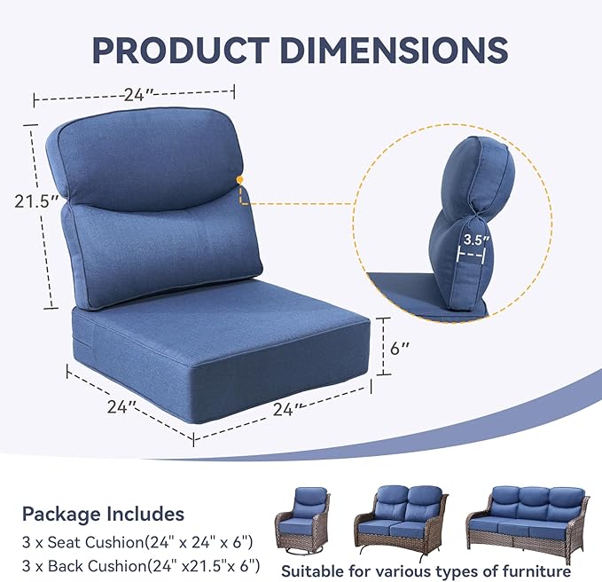 Outdoor Cushion Set for Patio Furniture, UV Resistant, Water Resistant - 6 Inch Thick Dual Layer Back Support Cushions– 24x24 Inch Patio Seat Covers for Chair/Sofa/Couch | Blue | 3-Pack |