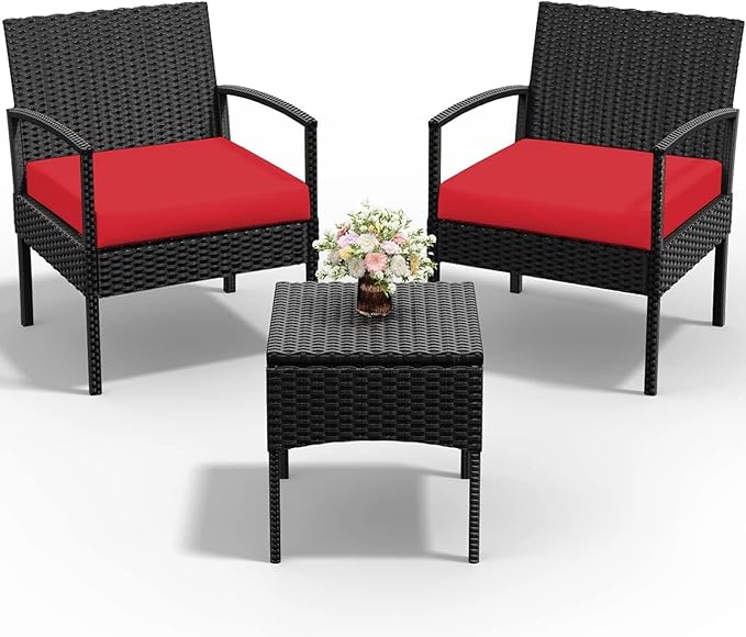 PROHIKER 3 PCS Patio Rattan Conversation Chairs Set, Outdoor Patio Furniture Balcony Furniture Set, Wicker Patio Bistro Set for Garden Porch Balcony Yard, Red