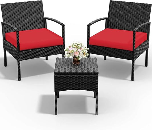 PROHIKER 3 PCS Patio Rattan Conversation Chairs Set, Outdoor Patio Furniture Balcony Furniture Set, Wicker Patio Bistro Set for Garden Porch Balcony Yard, Red