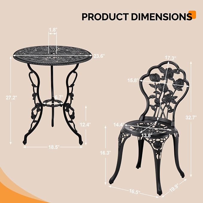 Outvita Patio Table and Chairs Set, Cast Aluminum Outdoor Cafe Table and Chairs Set of 3, Stability Patio Bistro Sets with Umbrella Hole for Garden, Patio, Balcony, Rose Pattern Black
