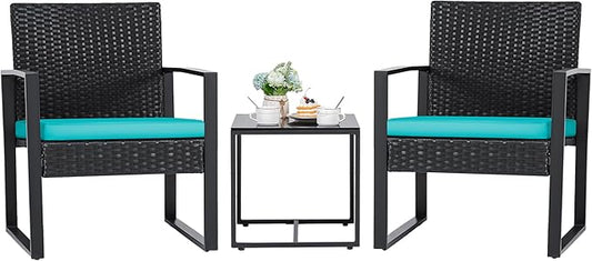 Flamaker Patio Set Outdoor Wicker Furniture, Modern Bistro Set with Rattan Chair and Coffee Table for Yard (Blue)