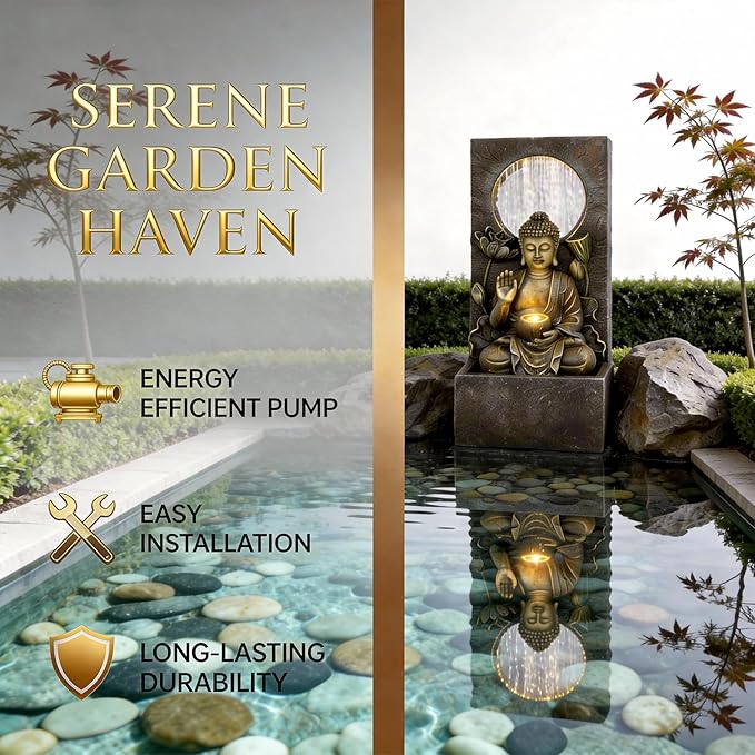 Ferrisland Buddha Waterfall Fountain Outdoor, Freestanding Relaxing Water Fountain, Asian Zen Fengshui Patio Garden Backyard Decking Home Decor, Gift Ideas (Gold, 27.6" H)