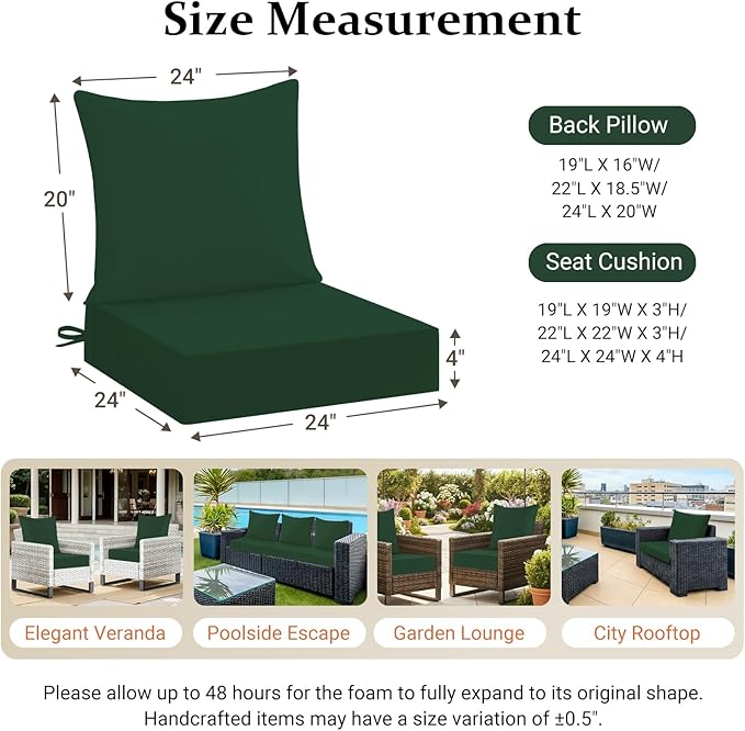 downluxe 24x24 Outdoor Chair Cushions, Waterproof Fade Resistant Patio Furniture Cushions with Handle & Removable Cover, Deep Seat Outdoor Cushions for Sofa, Couch and Patio Chairs, Forest Green