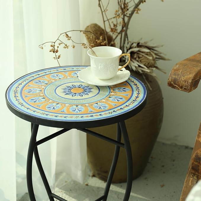 VCUTEKA Mosaic Side Table, 21" Round End Table with 14" Ceramic Tile Top, Patio Accent Table Indoor and Outdoor End Table for Yard, Garden, Living Room, Bistro Balcony or Lawn