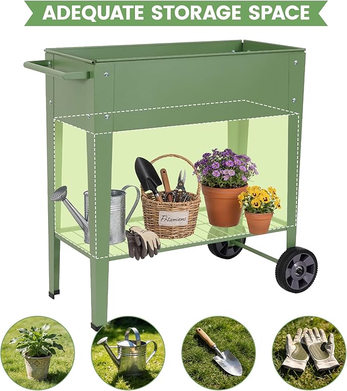 Tall Raised Garden Bed Outdoor with Wheels, Metal Elevated Raised Planter Box with Drainage Holes for Vegetables, Flower, Herbs(Green)