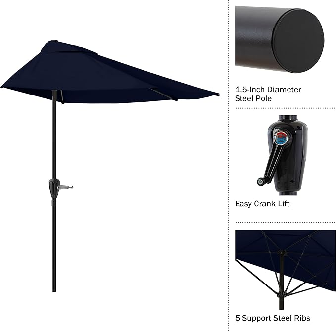 Half Umbrella Outdoor Patio Shade - 9 ft Patio Umbrella with Easy Crank - Small Canopy for Balcony, Table, or Deck by Pure Garden (Navy Blue)