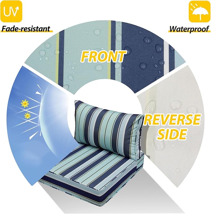 AAAAAcessories Outdoor Seat Cushions for Chairs, Fade-Resistant, Waterproof Patio Furniture Replacement Cushions, 25.5" x 25.5" x 5" + 25.5" x 13.5", Ash Teal Seaside Stripe