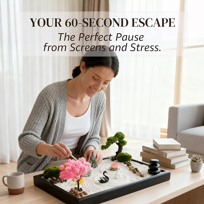 Zen Garden for Desk, Japanese Garden Home Office Desktop Decor for Meditation Sand Tray Therapy Kit,11.8'' X 7.9'' Large Size,Bamboo Rake Tools, Valentine's Day Gift