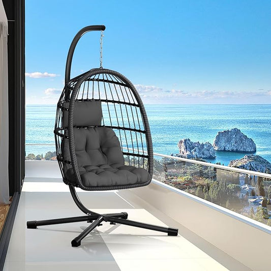 CHABATREE Egg Chair with Stand,Patio Rattan Wicker Hanging Swing Egg Chair Hammock Chair for Bedroom Porch Garden,Thickened Aluminum Alloy Steel Frame and UV Resistant Cushion,350LBS Capacity