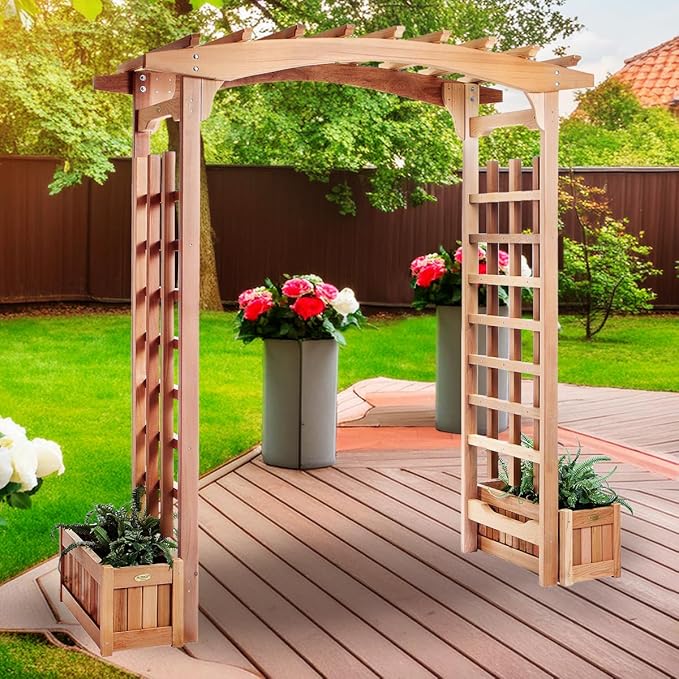 All Things Cedar PA96-Set 6-ft Cedar Garden Pagoda Arbor with Side Planters | Wedding Arch for Ceremony | Wood Trellis for Outdoor & Plant Climbing | Handcrafted (Western Red Cedar)
