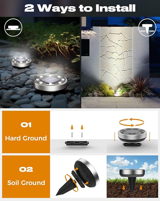 btfarm 2 Pack Solar Lights Outdoor, 8 LED Solar Ground Lights IP65 Waterproof Flat Solar Disc Light, Pathway Lights for Garden Lawn Patio Yard Path Landscape, Cool White