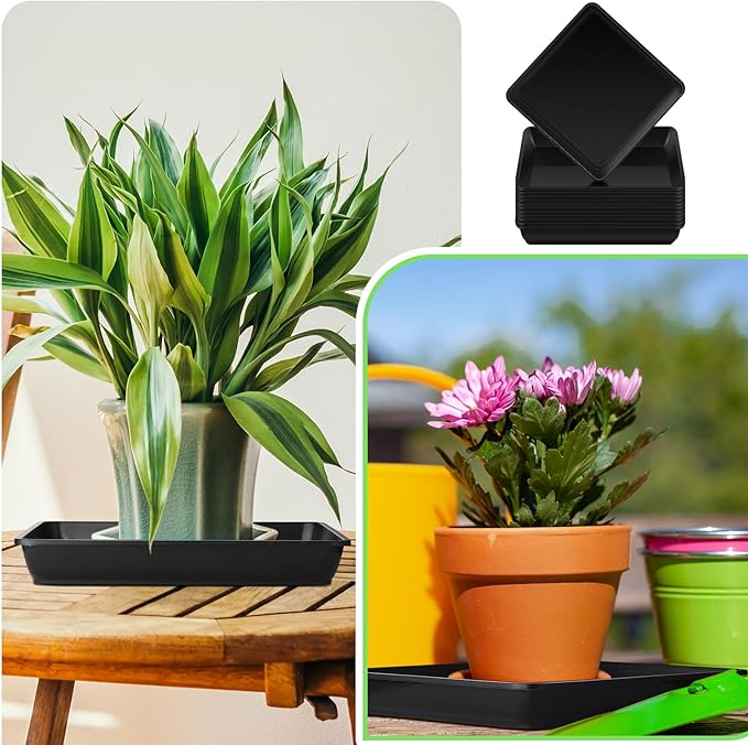 Wenqik 12 Pieces Plastic Square Plant Saucer Large Square Plant Tray Planter Water Tray Garden Plant Pot Drainage Dish Thick Water Receiving Tray for Pots Base Indoor and Outdoor, Black (10 Inches)