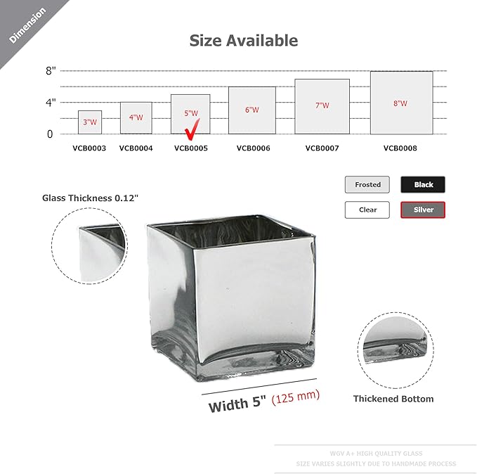 WGV Cube Glass Vase Bulk, Candle Holder, 5"x5"x5", Silver Elegant Floral Accent Container Planter Terrarium Storage for Wedding Party Ceremony Event Office Home Decor, 12 Pieces