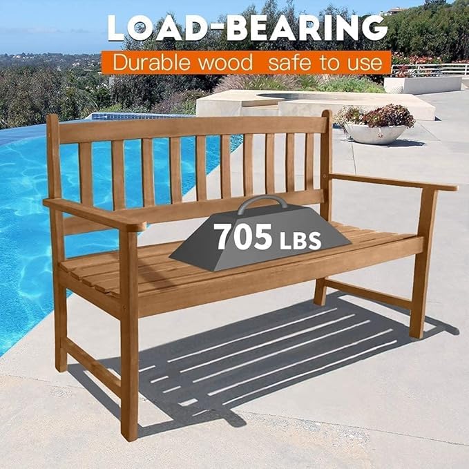 PayLessHere Patio Bench Natural Wooden with Armrests Sturdy Acacia Wood Front Porch Chair Concise Style Outdoor Wood Bench 2 Seats with Ergonomic Design，Natural