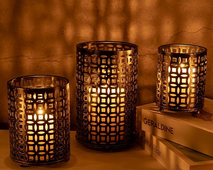 Metal Candle Holders Set of 3, Decorative Tealight Candle Holder Sets, Candlestick for Pillar Vintage Style Perfect for Tabletop Centerpieces Home Decor Wedding Parties Events