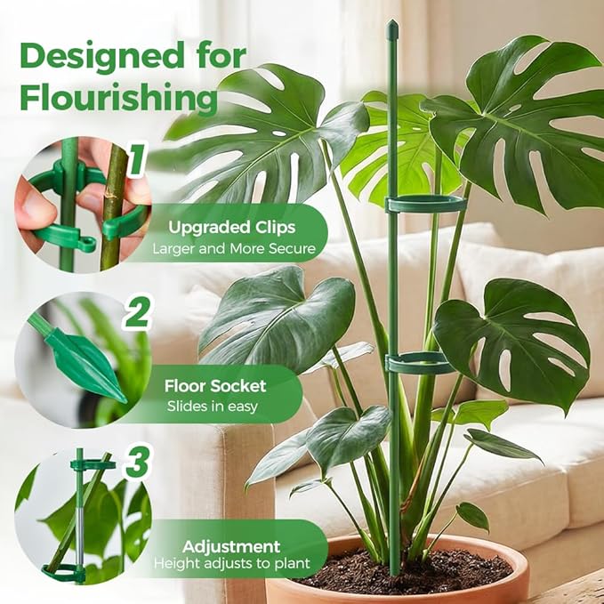 Plant Stakes for Indoor Plants, Adjustable Plant Support Sticks with Clips & Plant Ties, Indoor Outdoor Garden Poles for Monstera Tomato Orchid Rose Potted Flowers Vegetables (11 inch 10pcs)
