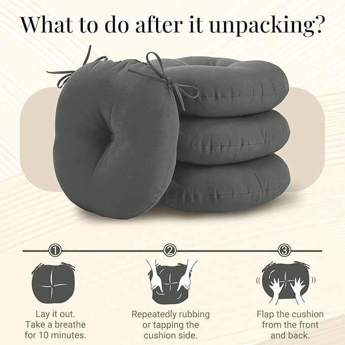 downluxe Bistro Chair Cushions for Patio Furniture, Water-Resistant Round Outdoor Chair Cushions Set of 4 with Non-Slip Ties, 15" x 15", Dark Grey