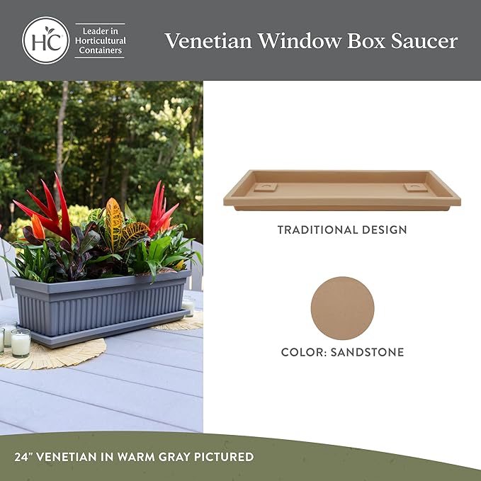 The HC Companies Venetian Rectangular Plant Tray - Lightweight Plastic Plant Saucer - Plant Drip Trays for Drainage -UV Resistant Pot Saucer for Indoor & Outdoor Use (29.5" Sandstone, Pack of 1)