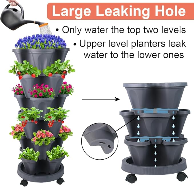 GameXcel Vertical Planter Tower- 6 Tier Stackable Garden Planter with Wheels and Tool Set – Grow Strawberries Herbs Flowers and Vegetables - Indoor Outdoor Use Dark Gray