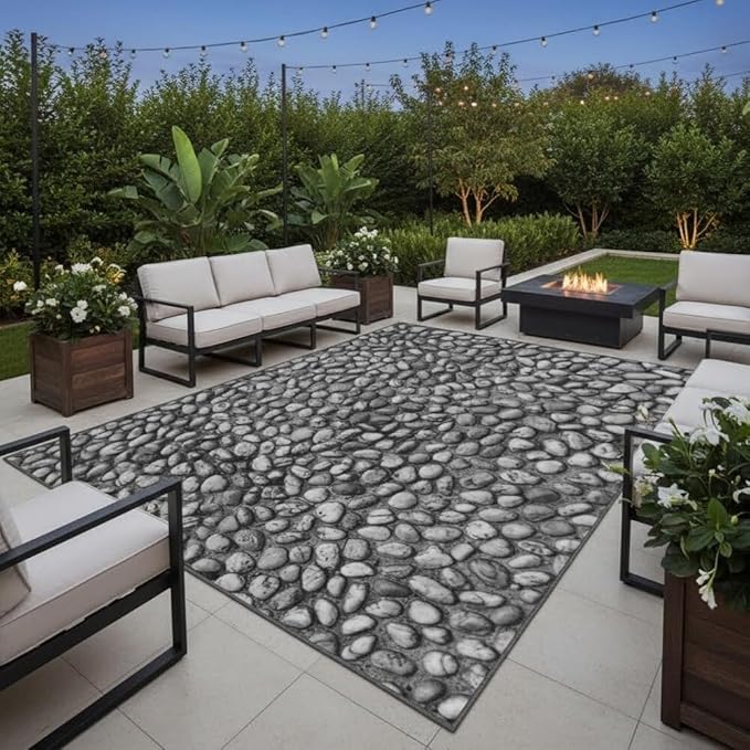 Old Distressed Grey Pebble Pattern Outdoor Carpets for Courtyard Balcony Garden Terrace Imitation Stones Splicing Low Pile Mat Modern Natural Thin Reversible Waterproof Home Decorative Rugs 10x12