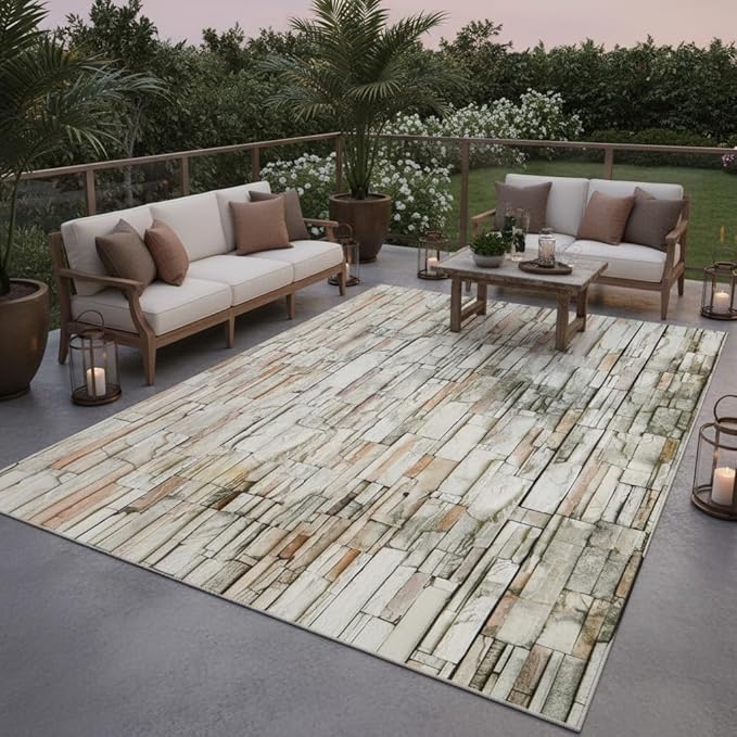 Natural Rustic Brick Stone Wall Pattern Outdoor Rug 10x14 Beige Grey Distressed Stones Texture Waterproof Large Area Rug for Patio Deck Porch Balcony Backyard Camping Washable Foldable Thin Carpet Mat
