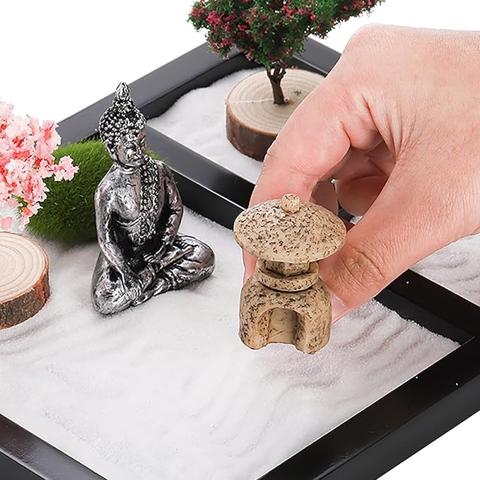 Hiceeden Zen Garden Kit for Desk, 8.5×7.5 Inches Japanese Mini Zen Garden Accessories, Sand Tray Therapy Kit Meditation Gift for Home Office Desk Decor