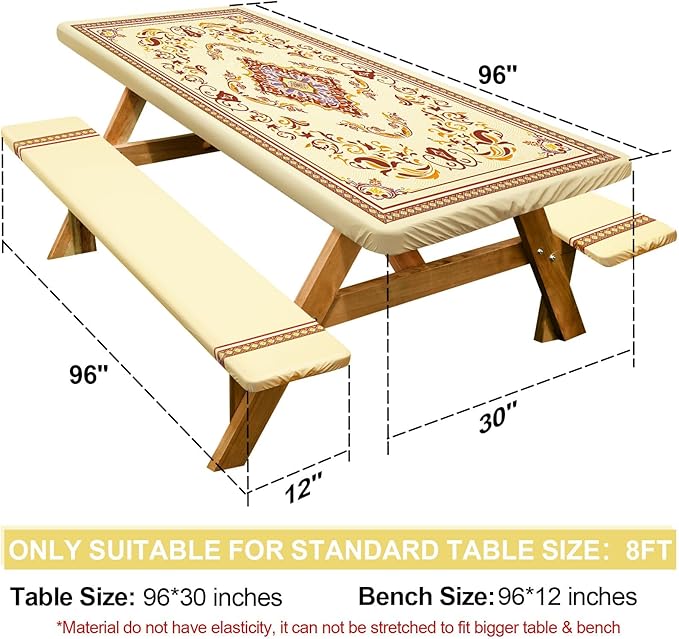 Picnic Table Cover with Bench Covers Camping Essentials Waterproof Windproof Camping Tablecloth with Drawstring Bag, Fitted Rectangle Tables and Seats, 96in, Light Brown