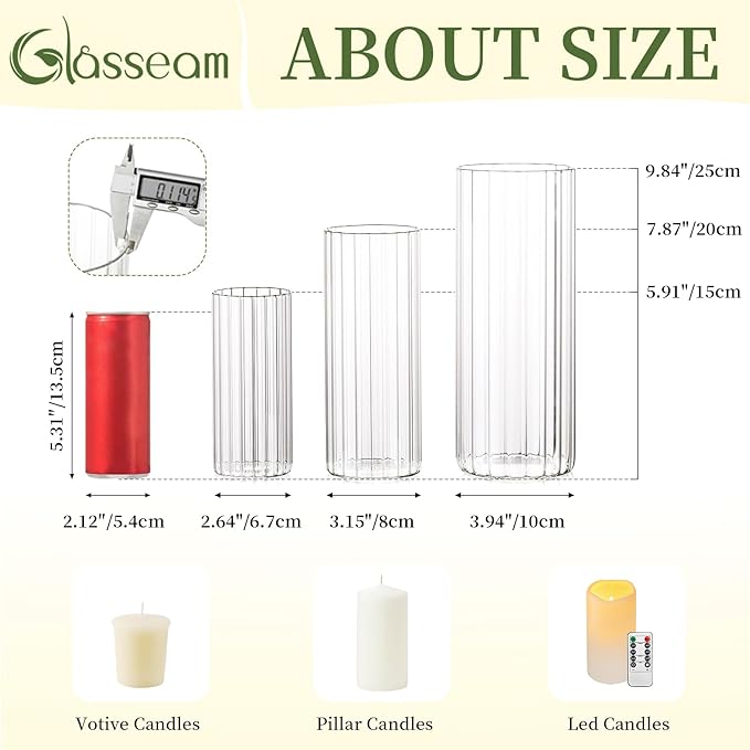 Glasseam Glass Cylinder Candle Holder, Clear Ribbed Vase Set of 18, Hurricane Pillar Candle Holder, Floating Candle Holders for Table Centerpiece, Flute Flower Vases for Centerpieces Dining Table
